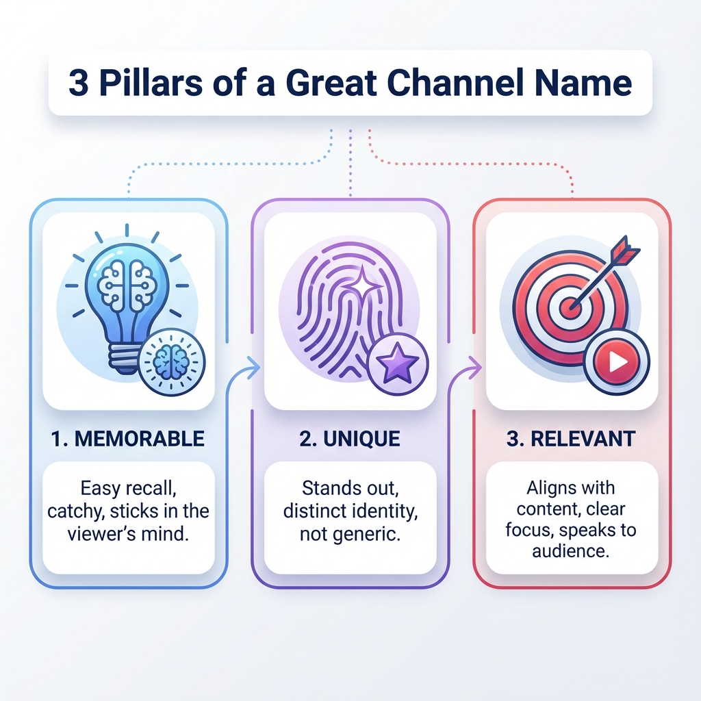 Infographic: 3 Pillars of a Great YouTube Channel Name - Memorable, Unique, Relevant