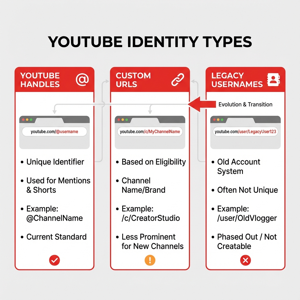 Infographic comparing YouTube Handles, Custom URLs, and Legacy Usernames
